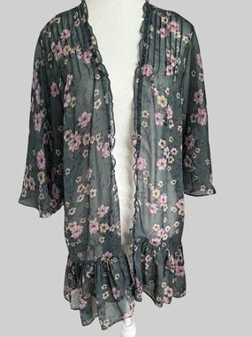 American Eagle Green Floral Sheer Kimono Swim Coverup- Sz-L/XL